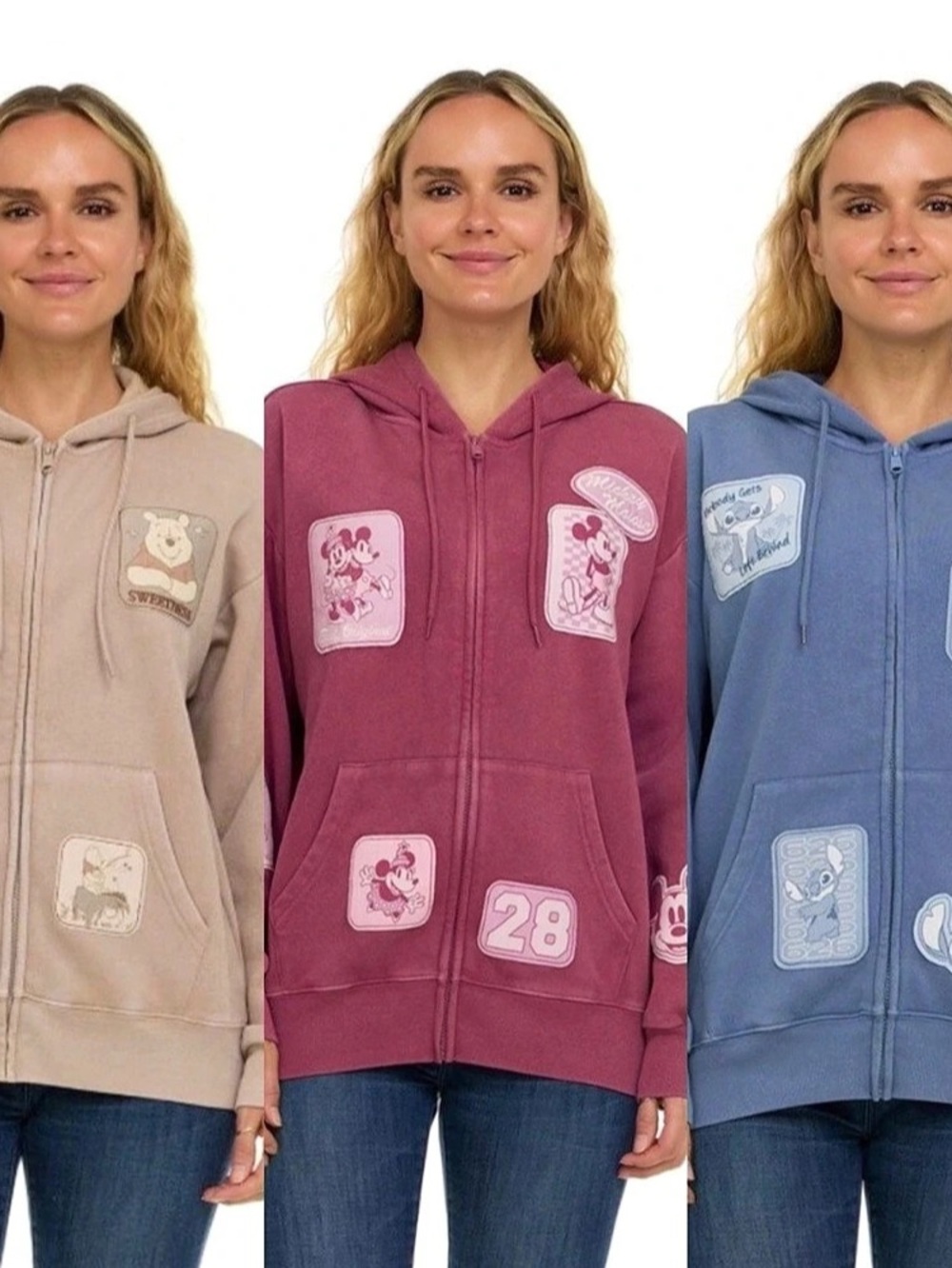 3 Disney Patch Zip-Up Hoodies size Large